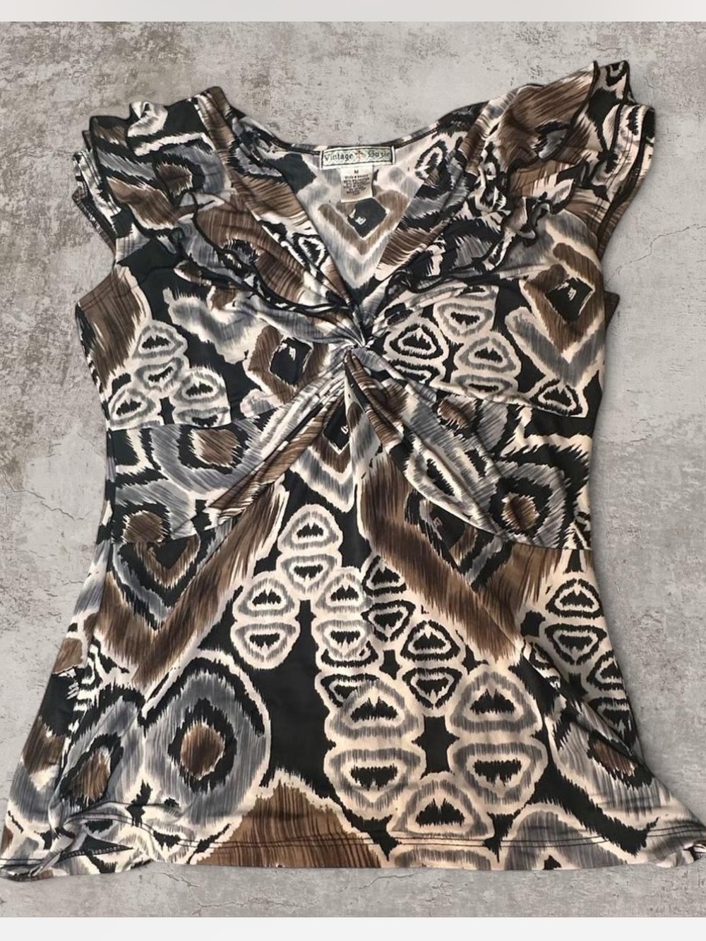 Vintage Suzie Y2K Abstract Twist Front Ruffle Top Brown Black Gray Boho